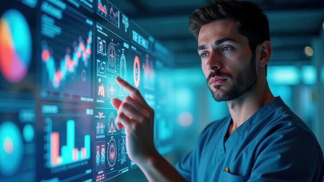 Researcher analyzes graphs and data on an interactive digital display in a modern laboratory. Doctor analyzing medical data on interactive digital screen in technological environment.