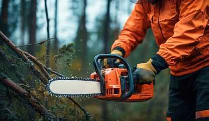 Worker trims tree branches with chainsaw outdoors. Protective gear like gloves, orange work clothes visible. Worker focused on precise pruning. Nature, safe work practices essential in forest
