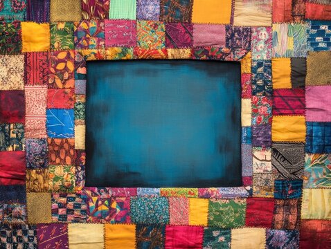 Colorful patchwork quilt frame surrounds teal background