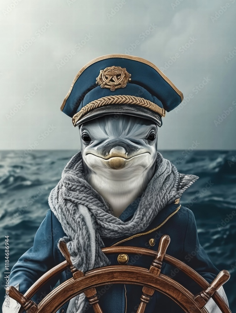 Poster Dolphin dressed as ship captain steering a wheel while sailing on the open ocean. Generative AI