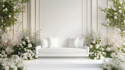 Fototapeta premium The white sofa, adorned with white pillows, is perfectly positioned on a white platform, flanked by graceful floral arrangements and greenery.
