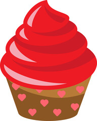 Illustration of red frosted cupcake with hearts.