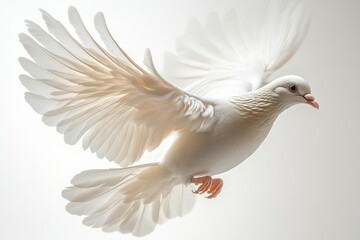 Fototapeta premium majestic white dove in midflight with spread wings symbolizing peace and freedom against pure white background with soft natural lighting