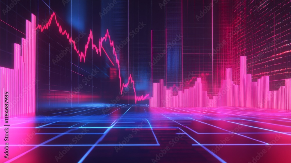 Poster An interactive-looking D bar graph with pulsating bars, symbolizing changing financial trends, set against a sleek background for a futuristic feel.
