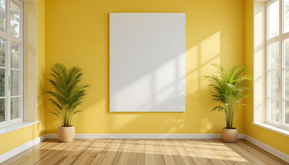 Fototapeta premium A yellow blank room with a white poster mockups with palm plant pot minimal interior design 