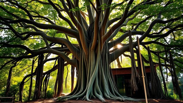Majestic banyan tree with sunlit canopy and roots. - Powered by Adobe