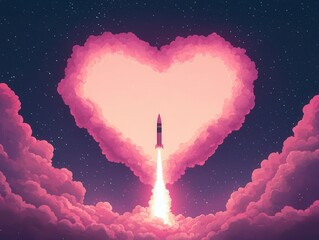 Heartshaped rocket launching into a starlit sky, trails forming glowing pink clouds, Valentine aerospace, romantic space exploration concept