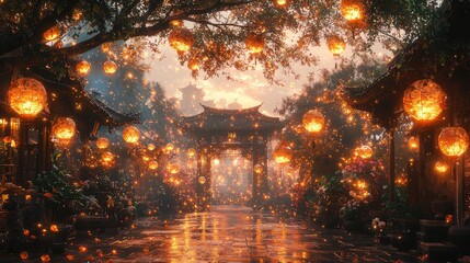 Obraz premium Enchanting Evening Lanterns Illuminate Serene Traditional Pathway