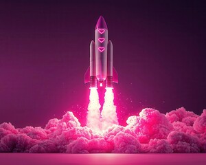 Obraz premium Heartshaped starship landing on a glowing pink planet, love symbols etched on its surface, Valentine aerospace, exploration of love