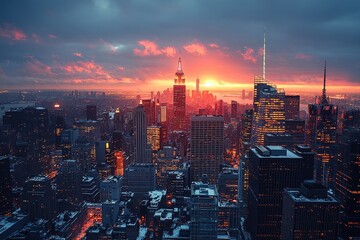 Obraz premium A stunning sunset over a city skyline, highlighting tall buildings and vibrant colors.