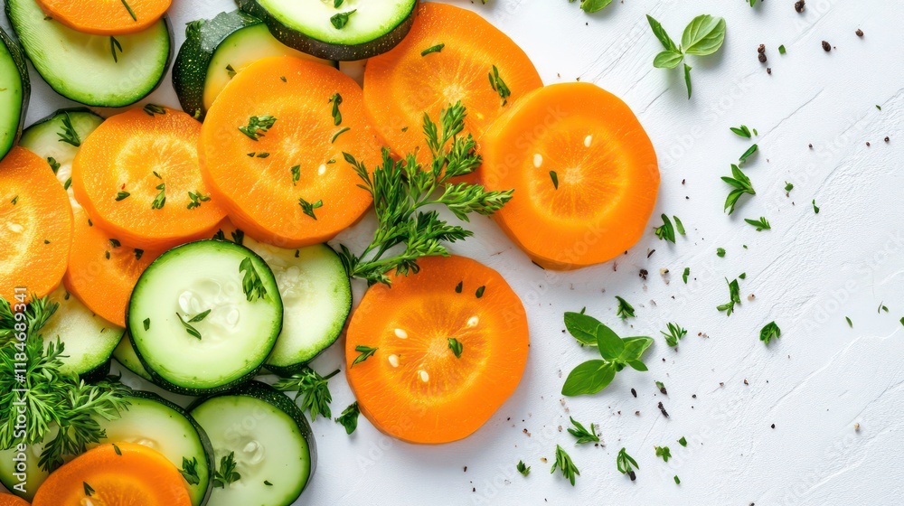 Poster sliced carrots and cucumbers with herbs on white background.