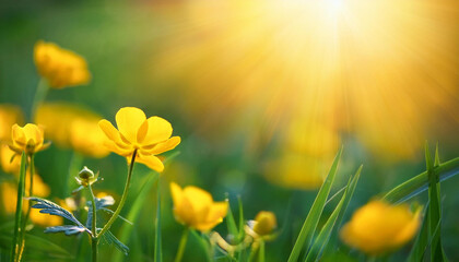 Fototapeta premium lovely nature background with wild yellow buttercup flower and solar rays