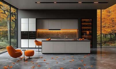A modern kitchen with orange accents and autumn scenery outside.