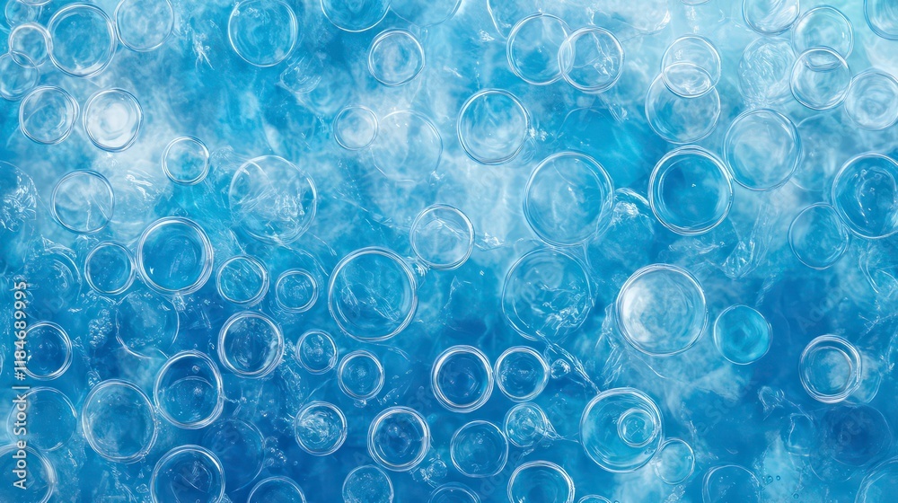 Poster abstract blue background with translucent circles and bubbles.