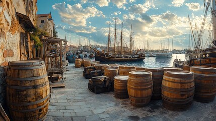 Obraz premium Harbor sunset with wooden barrels and historic sailing ships.