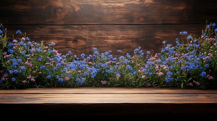 A wooden shelf adorned with vibrant blue and pink flowers against a rustic background.