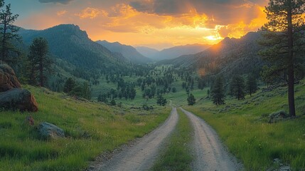 A scenic dirt road leads through a lush valley, framed by mountains and a vibrant sunset.