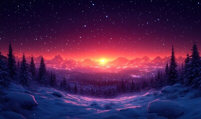 A serene winter landscape at sunset, with snow-covered mountains and a starry sky.