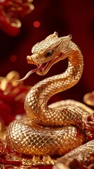 Obraz premium Golden snake statue with red tongue sticking out, posing on red background with golden decorations, celebrating chinese new year