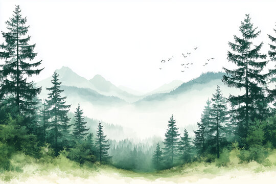 Misty evergreen forest with tall pine trees, layered mountain silhouettes in the distance, and a flock of birds flying in the hazy sky World Wildlife Day copy space - Powered by Adobe