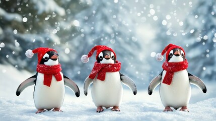 Fototapeta premium Three adorable penguins wearing red Christmas hats and scarves stand in the snow.