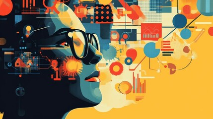 Obraz premium Abstract profile, glasses, vibrant shapes, data visualizations.