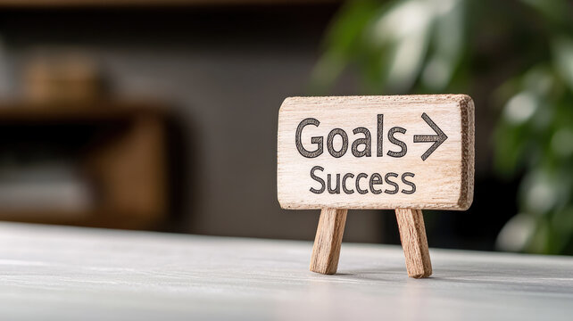 Wooden sign displaying "Goals" and "Success" with arrow, symbolizing achievement progress