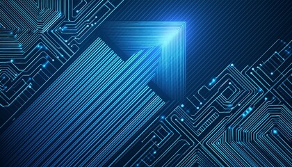 abstract technology background digital arrow speed up and blue circuit board pattern microchip power line blank space