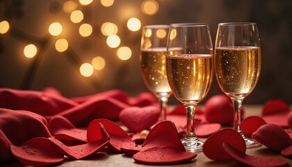Romantic evening with champagne and rose petals, celebration atmosphere