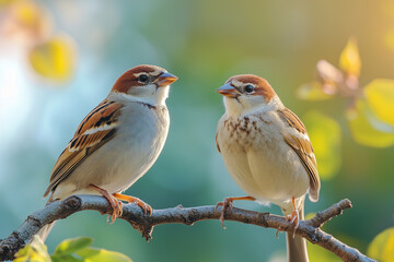 Fototapeta premium two sparrows perched on a branch with a blurred sunny background, soft light and green leaves World Wildlife Day 