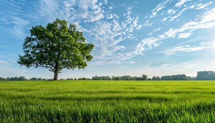 Green meadow and lonely tree on blue sky background. Nature composition.