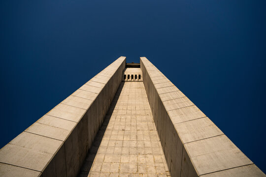 View of the imposing Buzludzha Monument against a clear blue sky, Shipka, Bulgaria.
