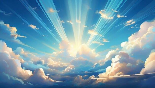 sunbeams shining through fluffy white clouds in a blue sky