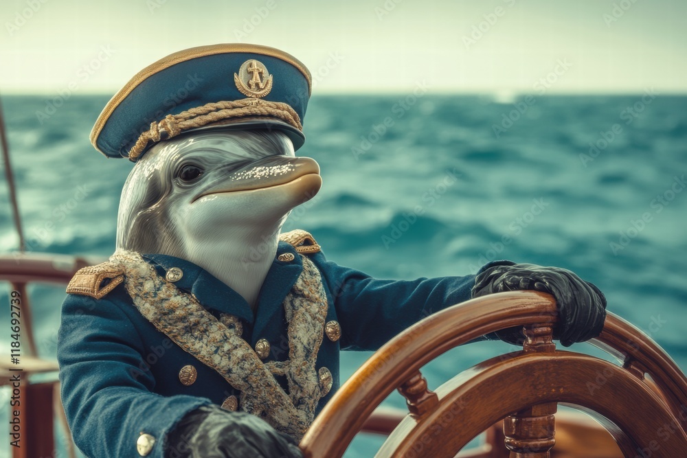 Aufkleber dolphin in captains attire navigates the ocean with a ships wheel on a sunny day. generative ai