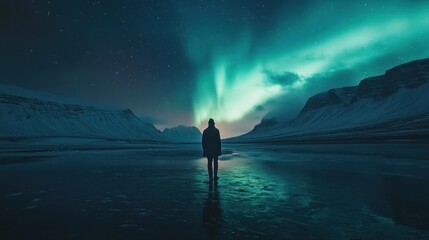 Fototapeta premium A Solitary Figure Under the Northern Lights