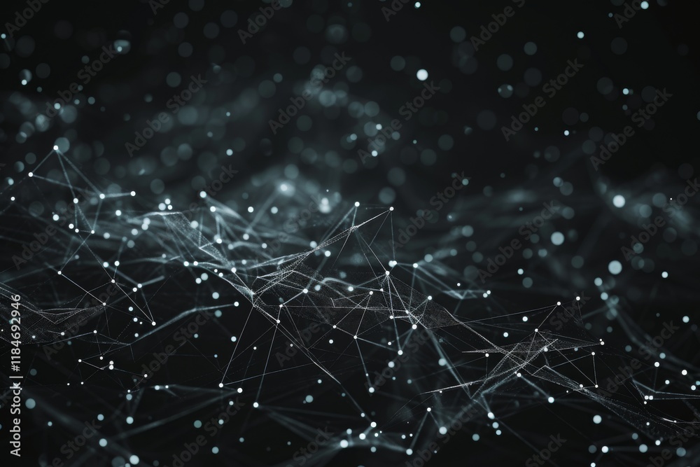 Poster a digital background features a complex network of interconnected dots and lines, creating an abstra