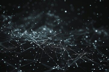 A digital background features a complex network of interconnected dots and lines, creating an abstract representation of technology and connectivity against a dark backdrop