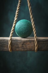Green sphere suspended by ropes on wood.
