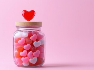 A candy jar topped with a heartshaped cork, filled with Valentines jelly hearts, creative design, festive charm, sweet gift