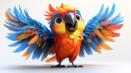 Fototapeta premium Vibrant cartoon parrot spreading wings, expressing joy against pristine white backdrop