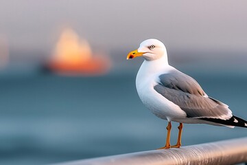 A majestic close-up of a seagull perched confidently on the railing, overlooking tranquil waters at sunset, nature's beauty captured.