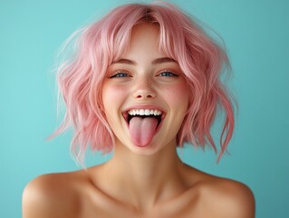 A joyful young woman with pink hair playfully sticking out her tongue against a blue background.