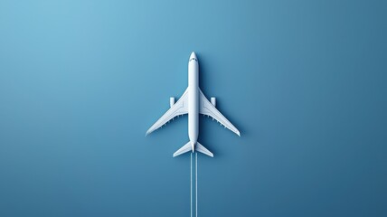 Fototapeta premium A sleek, white airplane flying against a solid blue background, emphasizing the theme of travel and aviation.