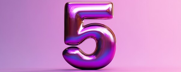 Number five made of shiny and colorful foil on purple background