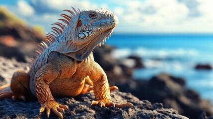 Iguana Sunbathing on Volcanic Rocks