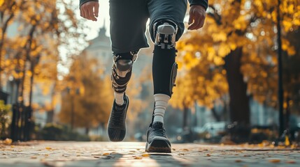 A man with a prosthetic legs strides confidently forward, his movement embodying strength and determination while showcasing the sleek design of modern prosthetic technology.