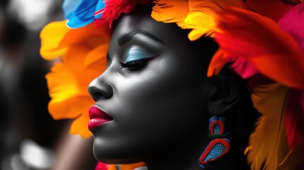 A joyful woman dressed in a striking carnival costume with intricate beadwork and radiant feathers, embodying the spirit and vibrancy of Rio de Janeiro’s iconic festival.