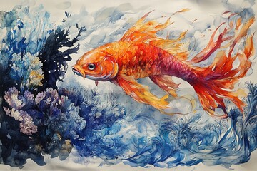A vibrant watercolor of a goldfish swimming amidst colorful coral and waves.