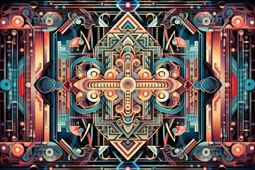 Fototapeta premium Intricate geometric patterns filled with vibrant colors create a captivating design suitable for modern art enthusiasts and creative projects in digital design