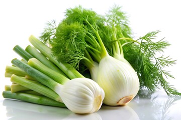 A close-up of a whole fresh fennel bulb with its green stems, lying on a white surface with a reflection.